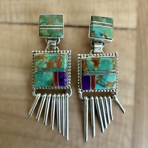 Native American Artisan LP Dangle Earrings 1.9 Inch Turquoise 925 Sterling 14.8g - Picture 3 of 9